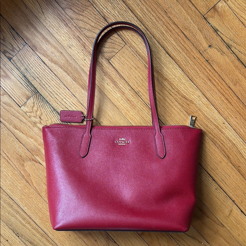 Coach Red Leather Tote Bag - Signature Saffiano Shoulder Tote
